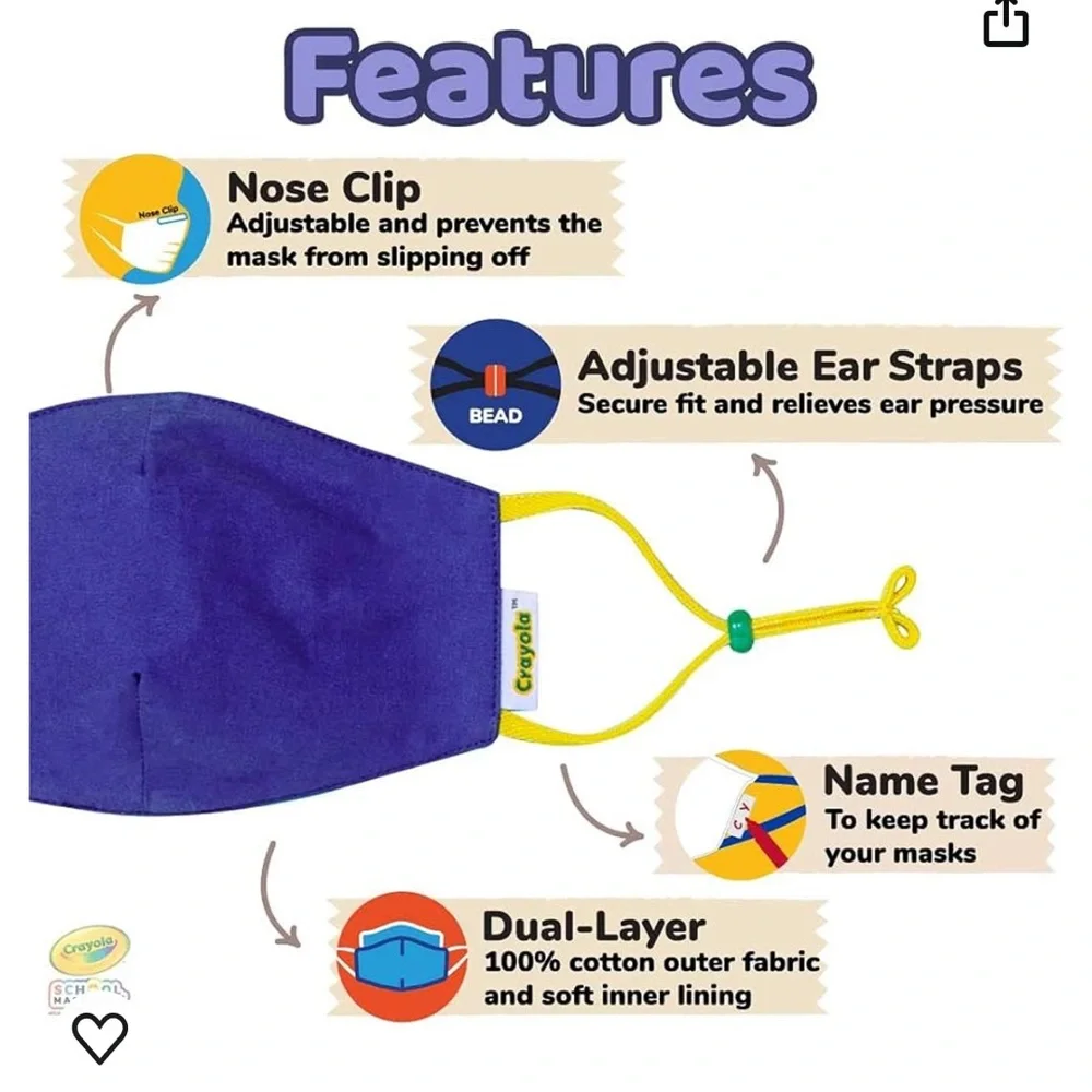 NEW PACK OF 5 CRAYOLA WASHABLE REUSABLE MASKS WITH MESH BAG